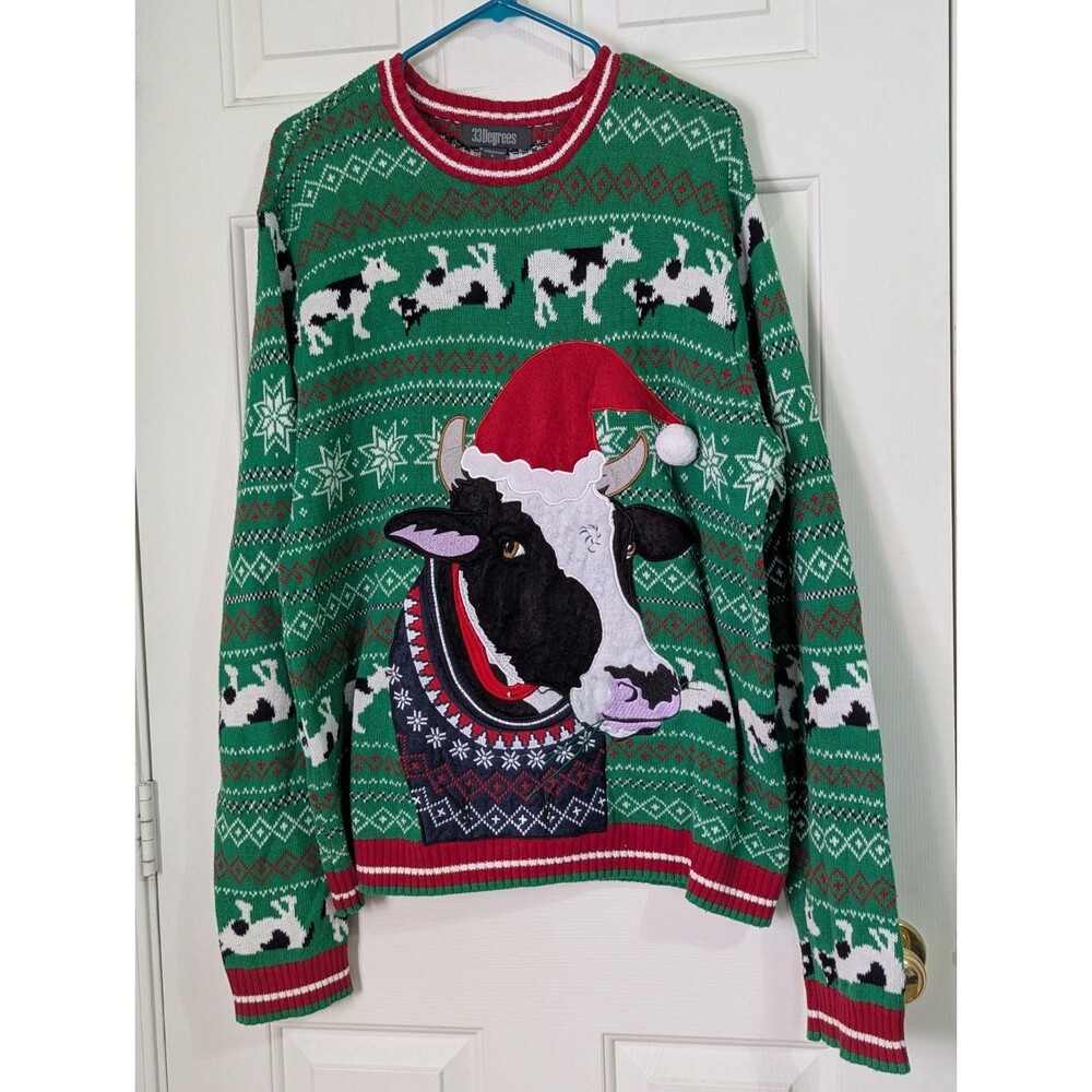 33 Degrees Ugly Christmas Sweater Santa Cow Mens Large Green Red Fair Isle